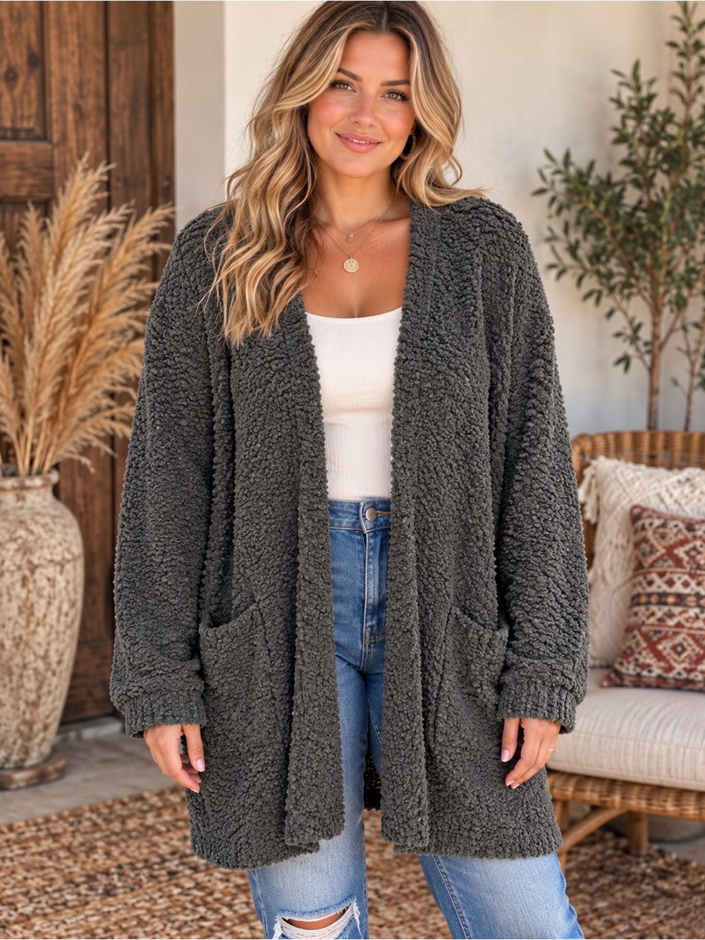 351 NWOT Zenana Outfitters Charcoal Open-Front Popcorn Cardigan Size XL
